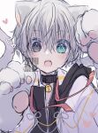 1boy absurdres animal_ears animal_hands bell black_eyes black_shirt blush cat_boy cat_ears cat_paws collar fang grey_eyes grey_hair highres jacket long_sleeves looking_at_viewer male_focus neck_bell open_mouth original ponixponi shirt short_hair solo white_background white_jacket 