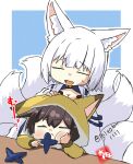  2girls :&lt; :d ^_^ ^o^ alternate_costume animal_costume animal_ears arm_support azur_lane bangs black_hair blunt_bangs closed_eyes commentary_request crossover eyeshadow fox_costume fox_ears fox_girl fox_tail head_rest headpat japanese_clothes kaga_(azur_lane) kaga_(kancolle) kantai_collection kyuubi long_hair long_sleeves looking_at_another looking_at_viewer makeup multiple_girls multiple_tails name_connection pout short_hair sidelocks signature simple_background smile sweatdrop table tail taisa_(kari) translation_request twitter_username white_hair wide_sleeves 