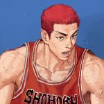  absurdres basketball_jersey basketball_uniform blue_background brown_eyes buzz_cut highres jidaart looking_away open_mouth redhead sakuragi_hanamichi short_hair slam_dunk_(series) sportswear sweat upper_body v-shaped_eyebrows very_short_hair 