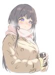  1girl bang_dream! black_hair blush breath can canned_coffee coat highres long_hair scarf shirokane_rinko sketch solo sou_(user_hgyh8775) upper_body violet_eyes winter_clothes 
