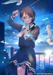  1girl bang_dream! bangs bird blurry blurry_background blurry_foreground bow_(music) brown_hair building closed_mouth clouds dove highres holding holding_instrument instrument looking_at_viewer music neckerchief outdoors parted_bangs playing_instrument pleated_skirt railing school_uniform shiomi_(lowrise) short_hair skirt sky solo violet_eyes violin white_neckerchief yashio_rui 