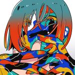  1girl 1other aqua_eyes aqua_hair bangs colored_sclera colored_skin colorful crying crying_with_eyes_open eyes_visible_through_hair fingernails gradient_eyes gradient_hair hair_over_one_eye long_bangs looking_at_viewer multicolored_eyes multicolored_hair multicolored_skin open_mouth original portrait red_eyes redhead short_hair simple_background tears two-tone_hair white_background wokichi yellow_sclera 