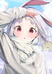  1girl :o arm_up bangs blush building clouds copyright_request day grey_hair grey_jacket highres house jacket long_sleeves looking_at_viewer motto_notto open_mouth outdoors red_eyes scarf short_hair snow solo thick_eyebrows translation_request upper_body white_scarf winter_clothes 