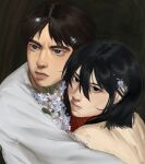  1boy 1girl artist_name black_hair brown_hair eren_yeager flower flower_request highres hug lips long_sleeves medium_hair mikasa_ackerman nose novalise1 parted_lips red_scarf scarf shingeki_no_kyojin shirt white_shirt 