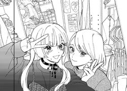  2girls :d bangs blush camisole choker closet clothes clothes_hanger greyscale hime_cut indoors loaded_interior long_hair long_sleeves looking_at_viewer monochrome multiple_girls original poster_(object) ribbon_choker screentones selfie short_hair smile sweater swept_bangs tears tmku v 