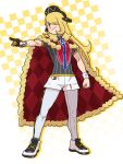  1girl alternate_eye_color argyle baseball_cap blonde_hair cape champion_uniform clenched_hand closed_mouth commentary_request cosplay cynthia_(pokemon) dynamax_band full_body fur-trimmed_cape fur_trim gloves habatakuhituji hair_ornament hair_over_one_eye hat leggings leon_(pokemon) long_hair partially_fingerless_gloves pointing pokemon pokemon_(game) pokemon_dppt pokemon_swsh red_cape shield_print shirt shoes short_shorts short_sleeves shorts single_glove smile solo standing sword_print violet_eyes white_shorts 