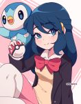  1girl black_jacket blue_eyes blue_hair bow bowtie cremanata highres hikari_(pokemon) holding holding_poke_ball jacket long_hair looking_at_viewer pink_bow pink_bowtie piplup poke_ball pokemon pokemon_(creature) pokemon_(game) pokemon_dppt 