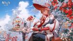  1girl animal_ears arknights black_dress blue_eyes blue_sky bow bug butterfly cake cup dress flower food gloves heidi_(arknights) highres jewelry letter looking_at_viewer official_art red_gloves red_headwear redhead ring sky teacup teapot 