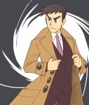  1boy brown_eyes brown_hair buttons coat collared_shirt commission cowboy_shot grey_background looker_(pokemon) looking_to_the_side male_focus necktie pokemon pokemon_(game) pokemon_dppt shirt solo standing v-shaped_eyebrows vergolophus white_shirt 