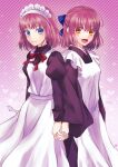  2girls apron blue_eyes breasts commentary_request heart heart_background highres hisui_(tsukihime) holding_hands interlocked_fingers juliet_sleeves kappougi kohaku_(tsukihime) lo_lis long_sleeves maid maid_headdress medium_breasts medium_hair multiple_girls open_mouth orange_eyes pink_hair puffy_sleeves smile striped striped_background tsukihime white_apron wide_sleeves 