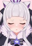  1girl absurdres akaki_tsubasa animal_ear_fluff animal_ears black_bow black_cloak blush bow cat_ears cloak closed_eyes crown facing_viewer forehead fur-trimmed_cloak fur_trim grey_hair hair_bow highres hololive long_hair mini_crown murasaki_shion parted_lips pink_background short_eyebrows simple_background solo sweat twintails upper_body valentine virtual_youtuber 