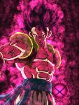  1boy abs absurdres anger_vein aura commentary_request dragon_ball dragon_ball_super earrings energy_ball frown gogeta highres hiro_(udkod1ezlyi2flo) jewelry male_focus metamoran_vest muscular muscular_male no_eyebrows purple_hair serious single_earring solo ultra_ego_(dragon_ball) upper_body violet_eyes 