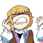  &gt;_&lt; 1girl animated animated_gif bangs black_shirt blonde_hair brown_jacket chinese_commentary clenched_teeth closed_eyes commentary_request green_eyes jacket mizuhashi_parsee no_nose scarf shirt short_hair solo tearing_up teeth touhou white_background white_scarf wide-eyed xmzhier 