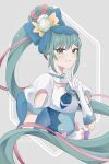  1girl absurdres apron blue_eyes blue_hair brooch corset cure_spicy delicious_party_precure dress elbow_gloves fuwa_kokone gloves grey_background heart_brooch highres jewelry long_hair looking_at_viewer precure ra_lunch short_sleeves single_hair_ring solo white_dress 