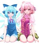  2girls absurdres ahoge alternate_hairstyle bandaged_arm bandages bangs blue_bow blue_dress blue_eyes blue_hair blush bow breasts bun_cover cirno closed_mouth collared_shirt commentary_request double_bun dress flower full_body green_skirt hair_bow hair_bun hair_intakes highres ibaraki_kasen ice ice_wings looking_at_another mikan_(manmarumikan) multiple_girls neck_ribbon open_mouth pinafore_dress pink_eyes pink_flower pink_hair pink_rose red_ribbon ribbon rose seiza shirt short_hair simple_background sitting skirt small_breasts smile tabard teeth tongue tongue_out touhou white_background white_shirt wings 