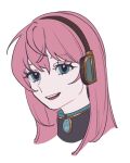  1girl amulet blue_eyes headphones kappa-bushi-16 long_hair looking_at_viewer open_mouth pink_hair simple_background smile solo teeth upper_teeth_only vocaloid white_background 
