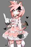  1girl amy_rose animal_ears arm_up black_wings blush bow breasts dress fingerless_gloves furry furry_female gloves grey_background hat headband heart highres looking_to_the_side makeup middle_finger pink_bow pink_hair red_eyes ribbon short_hair sleeveless solo sonic_(series) tail upper_body usa37107692 wings 