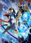  armor belt blue_fire cannon claws digimon digimon_(creature) e_volution fangs fire flying horns imperialdramon multiple_belts multiple_wings open_mouth paildramon red_eyes shoulder_armor spikes tail weapon white_hair wings 