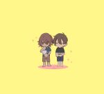  2boys black_shirt blue_shirt brown_eyes brown_hair chibi crying_child_(fnaf) five_nights_at_freddy&#039;s five_nights_at_freddy&#039;s:_security_breach five_nights_at_freddy&#039;s_4 gregory_(fnaf) hair_between_eyes highres m_xsps male_child male_focus multiple_boys shirt shorts watch yellow_background 