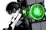  1boy bangs black_hair black_jacket black_suit cigarette facial_hair formal highres holding holding_weapon jacket male_focus nicholas_d._wolfwood sashiyu short_hair solo stubble suit suit_jacket sunglasses trigun trigun_stampede weapon 