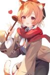  1girl :d animal_ears arknights black_pants blush brown_jacket cat_ears cat_girl cat_tail cowboy_shot cy_fros hat heart highres holding holding_ladle jacket ladle long_sleeves mini_hat mousse_(arknights) multiple_tails open_clothes open_jacket open_mouth orange_eyes orange_hair pants red_scarf scarf shirt short_hair simple_background smile solo tail two_tails v white_background white_shirt 