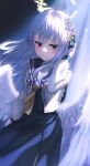  1girl absurdres angel_wings azusa_(blue_archive) black_dress blue_archive blush dress flower hair_flower hair_ornament halo highres kurone_(kurone_ryuo) light_particles long_hair sailor_collar violet_eyes white_hair wings 