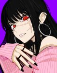  1girl absurdres bangs black_hair black_nails chainsaw_man earrings highres hoop_earrings jewelry long_hair looking_at_viewer off-shoulder_sweater off_shoulder parted_lips pink_sweater purple_background red_eyes ring ringed_eyes sailen0 simple_background sleeves_past_wrists smile solo sweater yoru_(chainsaw_man) 