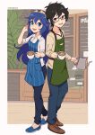  1boy 1girl absurdres amamiya_ren apron black_eyes black_hair blue_apron blue_eyes blue_footwear blue_hair blue_pants border brown_footwear coffee_cup coffee_pot cremanata cup disposable_cup fire_emblem glasses green_apron highres holding holding_cup indoors long_hair lucina_(fire_emblem) open_mouth pants persona plant shirt shoes short_hair teeth upper_teeth_only white_border white_shirt 