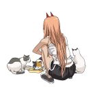  1girl 3others bowl brown_hair cat chainsaw_man dolphin_shorts highres horns long_hair looking_at_another meowy_(chainsaw_man) multiple_others pet_bowl power_(chainsaw_man) red_horns shiren_(ourboy83) shorts simple_background squatting tank_top white_background white_tank_top 