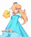  1girl blonde_hair blue_dress blue_eyes crown dress earrings hair_over_one_eye highres holding holding_wand jewelry long_hair luma_(mario) rosalina saiwoproject simple_background star_(symbol) super_mario_bros. wand white_background 