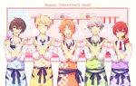  5boys :d :q ;o ^_^ ahoge apron bangs black_hair blonde_hair blue_apron blue_eyes blue_ribbon blush candy checkered_apron checkered_clothes closed_eyes closed_mouth collared_shirt commentary_request earrings ensemble_stars! food green_apron grey_hair hair_between_eyes hands_up happy_valentine heart heart_hands heart_hands_duo holding holding_food holding_whisk jar jewelry kina_(446964) ladle long_sleeves looking_at_viewer low_ponytail male_focus medium_hair multiple_boys narukami_arashi one_eye_closed open_mouth orange_apron orange_hair paper parted_bangs parted_lips ponytail purple_apron red_eyes redhead ribbon sakuma_ritsu sena_izumi_(ensemble_stars!) shelf shirt short_hair short_ponytail sleeves_past_elbows sleeves_rolled_up smile spatula standing suou_tsukasa swept_bangs teeth tongue tongue_out tsukinaga_leo upper_teeth_only violet_eyes whisk white_shirt window wing_collar yellow_apron 