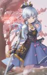  1girl absurdres arm_guards armor bangs blunt_bangs bow breastplate character_name cherry_blossoms choker collarbone commentary_request dual_wielding falling_petals genshin_impact grey_eyes grey_hair hair_bow hair_ornament hair_tubes highres holding holding_sword holding_weapon japanese_armor japanese_clothes kamisato_ayaka katana long_hair looking_at_viewer petals ponytail short_sleeves sidelocks smile solo sword tree weapon wind xiao_xiao_tian 