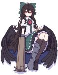  1girl absurdres ahoge arm_cannon bangs bird_wings black_footwear black_hair black_thighhighs black_wings blush_stickers bow closed_mouth collared_shirt commentary feathered_wings frilled_skirt frills full_body green_bow green_skirt hair_between_eyes hair_bow highres kame_(kamepan44231) long_hair looking_at_viewer one-hour_drawing_challenge petticoat red_eyes reiuji_utsuho shirt shoes short_sleeves simple_background skirt solo thigh-highs third_eye touhou weapon white_background white_shirt wings 
