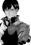  1boy armor ashihara_daisuke bangs broken_armor broken_eyewear closed_mouth crosshatching cuts glasses greyscale hand_up happy hatching_(texture) high_collar highres iida_tenya injury looking_at_viewer male_focus monochrome outstretched_arm outstretched_hand pov reaching_towards_viewer scratches screentones semi-rimless_eyewear short_hair simple_background smile solo straight_hair upper_body white_background 