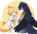  2girls :d animal_ears armor bird_wings black_hair black_wings blonde_hair blue_dress blue_hair blush dark_blue_hair dress feathered_wings flat_chest fox_ears fox_tail from_side hair_between_eyes hand_on_another&#039;s_chin hat heart highres iizunamaru_megumu kudamaki_tsukasa light_smile long_hair low_wings multiple_girls outline pauldrons pointy_ears profile shoulder_armor simple_background single_pauldron sitting sleeves_past_elbows smile springarashi02 stroking_another&#039;s_chin tail tareme tokin_hat touhou white_outline white_romper wings yuri 