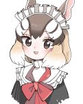  1girl absurdres animal_ears bow bowtie brown_eyes brown_hair chipmunk_ears chipmunk_girl dress extra_ears highres kanmoku-san kemono_friends kemono_friends_3 looking_at_viewer maid maid_headdress open_mouth short_hair siberian_chipmunk_(kemono_friends) simple_background solo white_background white_hair 