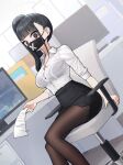  1girl black_hair blue_archive chair chuo8008 collared_shirt extra grey_eyes halo highres holding looking_at_viewer mask mouth_mask office_lady on_chair pantyhose pencil_skirt shirt side_ponytail sitting skirt sukeban_(smg)_(blue_archive) white_shirt 