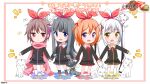  4girls ahoge animal_on_head anniversary bangs black_dress black_hair blue_eyes blue_trim blunt_bangs bow_hairband chibi dress fang gokotai_yoshimitsu gotou_toushirou_(tenka_hyakken) grey_hair hair_ornament hairband hairclip highres holding_hands long_hair medium_hair midare_toushirou_(tenka_hyakken) multicolored_hair multiple_girls namazuo_toushirou_(tenka_hyakken) official_art on_head open_mouth orange_hair purple_hair purple_trim red_trim sailor_collar scarf short_hair shouji_ayumu smile tenka_hyakken tiger tiger_cub two-tone_hair very_long_hair violet_eyes white_hair white_tiger yellow_eyes yellow_trim 