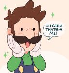  1boy blue_overalls brown_hair cremanata english_text facial_hair gloves green_shirt luigi mustache open_mouth overalls shirt short_hair simple_background speech_bubble super_mario_bros. upper_body white_gloves 