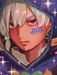  1boy braid earrings grey_hair hair_ornament highres hood hood_up jewelry jodio_joestar jojo_no_kimyou_na_bouken kappa-bushi-16 side_braid single_earring solo star_(symbol) star_hair_ornament sticker_on_face the_jojolands violet_eyes 