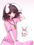  0pinky 1girl animal_ears bangs blush brown_hair carrot_necklace commentary cowboy_shot flat_chest floppy_ears frilled_shirt frilled_sleeves frills hair_between_eyes hand_in_own_hair inaba_tewi jewelry looking_at_viewer medium_hair necklace open_mouth pink_shirt pink_skirt rabbit rabbit_ears rabbit_girl red_eyes shirt skirt smile solo touhou white_background 