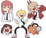  1boy 1other 3girls adventure_time black_hair black_necktie black_pants blonde_hair brown_hair chainsaw chainsaw_man collared_shirt denji_(chainsaw_man) fangs hair_ornament hairclip higashiyama_kobeni highres horns kermittend long_hair looking_at_viewer makima_(chainsaw_man) medium_hair multiple_girls necktie open_mouth pants parody pochita_(chainsaw_man) power_(chainsaw_man) red_hood red_horns ringed_eyes sharp_teeth shirt shirt_partially_tucked_in short_hair short_ponytail simple_background single_sidelock sleeves_rolled_up smile style_parody teeth upper_teeth_only white_background white_shirt yellow_eyes 