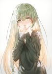  1girl bangs black_sweater blush brown_hair cecilia_(shiro_seijo_to_kuro_bokushi) gradient_background green_eyes green_hair grey_background hair_between_eyes hands_up interlocked_fingers kazutake_hazano long_hair looking_at_viewer multicolored_hair nose_blush own_hands_together parted_lips ribbed_sweater shiro_seijo_to_kuro_bokushi solo sweat sweater two-tone_hair very_long_hair white_background 