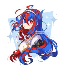  1girl alear_(female)_(fire_emblem) alear_(fire_emblem) armor bangs blue_eyes blue_hair braid breasts crossed_bangs crown_braid fire_emblem fire_emblem_engage heterochromia highres long_hair looking_at_viewer medium_breasts multicolored_hair portrait red_eyes redhead sandragh simple_background solo split-color_hair tiara two-tone_hair upper_body very_long_hair white_background 