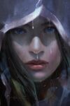  1girl atomoon black_hair blue_eyes close-up dated highres hood hood_up lips looking_at_viewer nose original portrait rain signature solo wet 