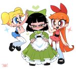  3girls black_footwear black_hair blonde_hair blossom_(ppg) blue_dress blue_eyes blush bow bubbles_(ppg) buttercup_(ppg) dress green_bow green_dress green_eyes heart highres kim_crab long_hair multiple_girls open_mouth powerpuff_girls red_bow red_dress red_eyes redhead shoes short_dress simple_background teeth thigh-highs upper_teeth_only white_background white_thighhighs 
