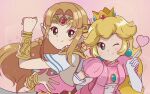  2girls arm_up armor artist_name blonde_hair blue_eyes bracelet chocomiru commentary crown dress earrings english_commentary gem gloves heart jewelry long_hair looking_at_viewer multiple_girls one_eye_closed pink_background pink_dress pink_shirt pointy_ears princess_peach princess_zelda puffy_short_sleeves puffy_sleeves shirt short_sleeves smile super_mario_bros. the_legend_of_zelda the_legend_of_zelda:_a_link_between_worlds tiara triforce upper_body white_gloves white_shirt 