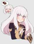  1girl bangs blush chibi closed_eyes closed_mouth cropped_torso do_m_kaeru eating fire_emblem fire_emblem:_three_houses food food_on_face garreg_mach_monastery_uniform grey_background holding holding_food long_hair long_sleeves lysithea_von_ordelia open_mouth simple_background solo sweets thought_bubble uniform white_hair 