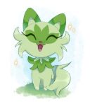  closed_eyes fangs grass green_fur highres no_humans on_grass open_mouth pokemon pokemon_(creature) pokemon_(game) pokemon_sv simple_background softxbat sprigatito teeth upper_teeth_only 