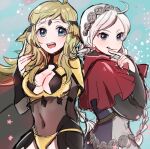  2girls ahoge bangs blonde_hair bodystocking braid breasts buttons capelet covered_navel fire_emblem fire_emblem_fates hairband hood hooded_capelet hoshigaki_(hsa16g) leather licking_lips low_twin_braids medium_breasts multiple_girls nina_(fire_emblem) open_mouth ophelia_(fire_emblem) parted_bangs red_capelet swept_bangs teeth tongue tongue_out turtleneck twin_braids upper_teeth_only white_hair 